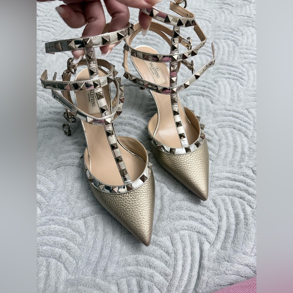 Valentino Gold Metallic Rockstud T-Strap Pointed Heels